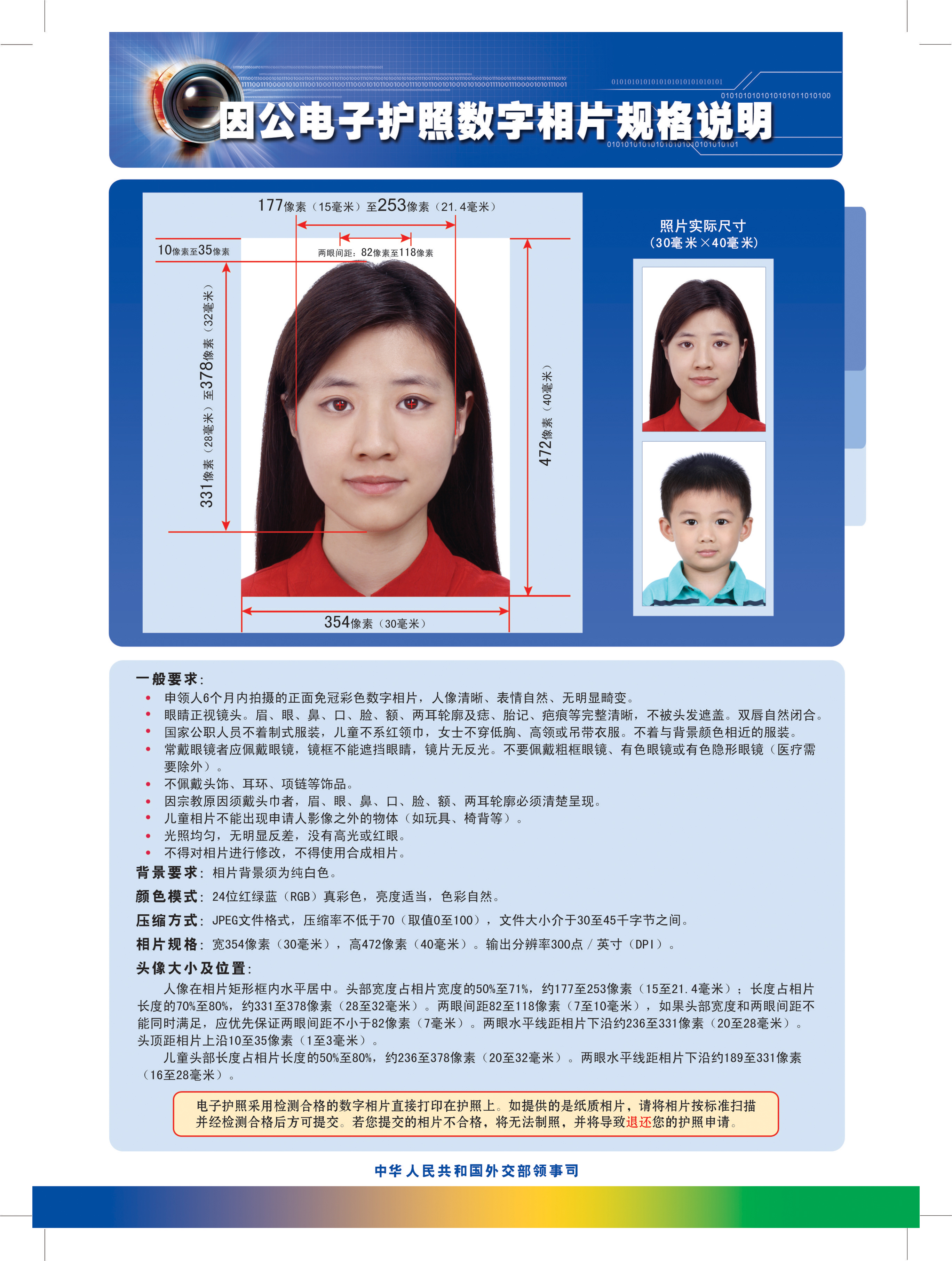 中国因公电子护照数字相片规格说明
